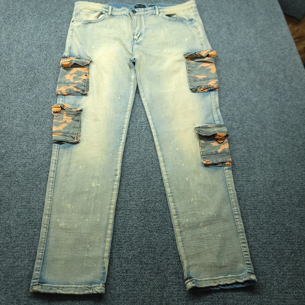 Waimea Mens Skinny Fit Cargo Jeans Light Wash Camo Pockets Paint Splatter 40x32
